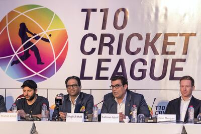 DUBAI, UNITED ARAB EMIRATES. 03 October 2017. T10 Cricket League unveiling press conference held at the JW Marriot. Shahid Afridi, Shaji Ul Mulk, Salman Iqbal and Eoin Morgan. (Photo: Antonie Robertson/The National) Journalist: Paul Radley. Section: Sport.