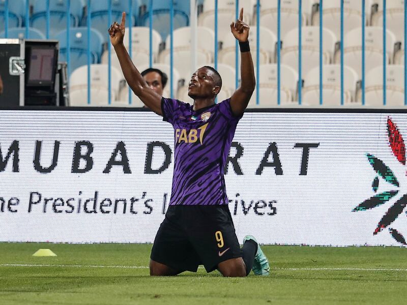 Laba Kodjo celebrates after firing in the winner in Al Ain’s 1-0 win at Baniyas. Photo: PLC