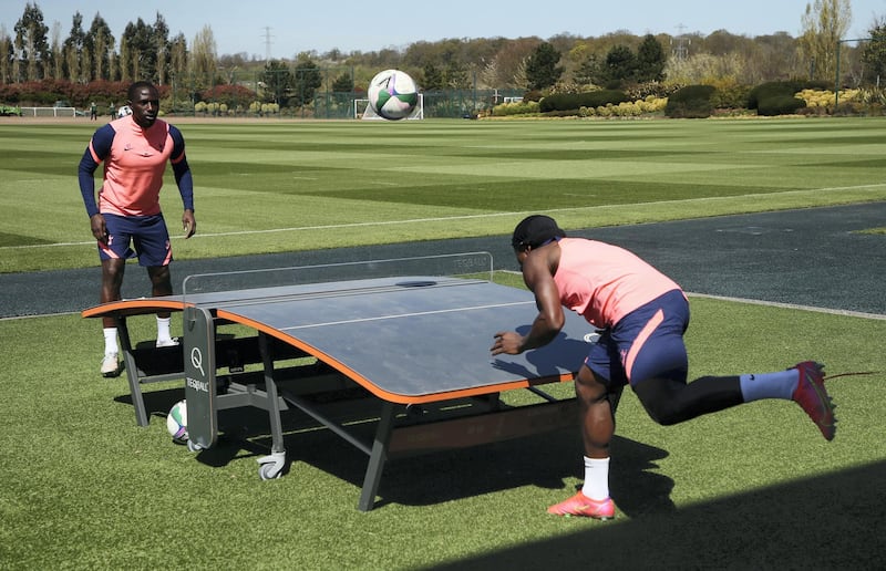 ENFIELD, ENGLAND - APRIL 23: Moussa Sissoko and Serge Aurier of Tottenham Hotspur during the Tottenham Hotspur training session at Tottenham Hotspur Training Centre on April 23, 2021 in Enfield, England. (Photo by Tottenham Hotspur FC/Tottenham Hotspur FC via Getty Images)