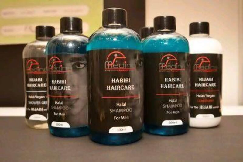 Habibi Haircare Shampoo for men by Medina Health Care Products on display at the Halal Expo 2012. These products are halal because they do not involve animal testing and have no animal components.