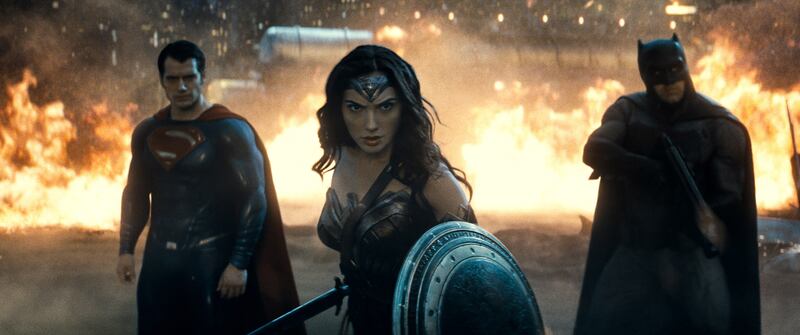 A handout movie still showing (L-r) Henry Cavill as Superman, Gal Gadot as Wonder Woman and Ben Affleck as Batman in Warner Bros. Pictures' action adventure "BATMAN v SUPERMAN: DAWN OF JUSTICE," a Warner Bros. Pictures release. (Courtesy of Warner Bros. Pictures/ TM & © DC Comics) *** Local Caption ***  al14au-movies-critics04.jpg