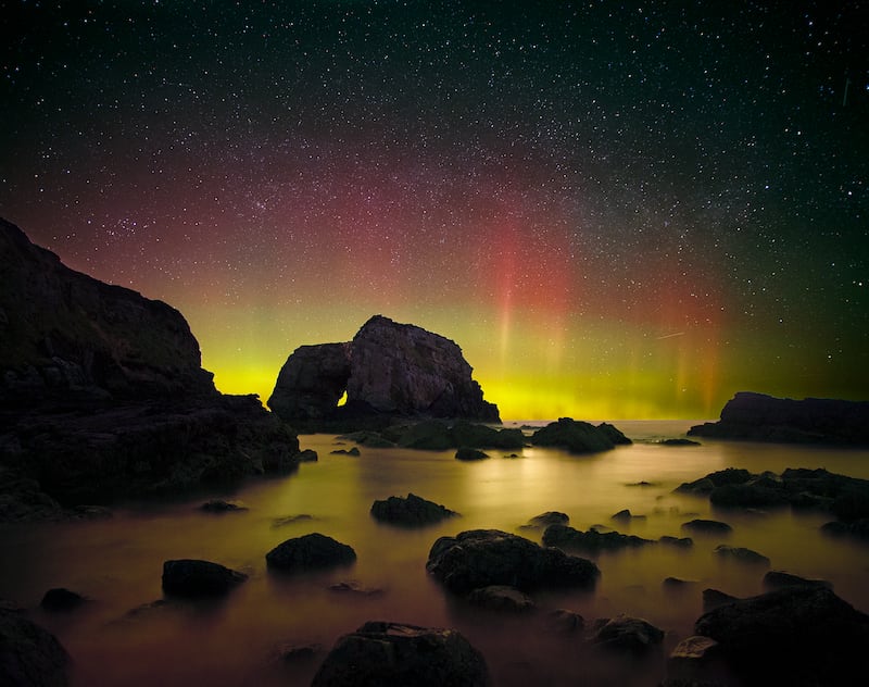 Northern Lights over the Great Pollet Sea Arch in County Donegal, Ireland. Photo: Brendan Alexander
