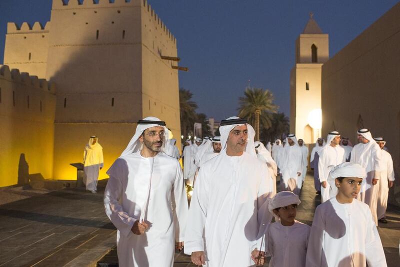 Sheikh Diab bin Zayed (L) and Lt General Sheikh Saif bin Zayed, UAE Deputy Prime Minister and Minister of Interior (C), attend the reopening of Qasr Al Muwaiji. Ryan Carter / Crown Prince Court - Abu Dhabi