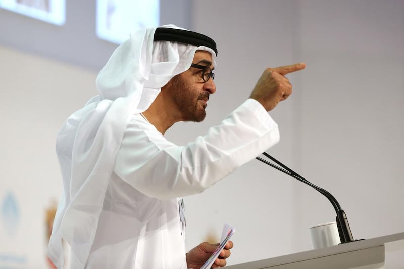 Sheikh Mohammed bin Zayed, Crown Prince of Abu Dhabi and Deputy Supreme Commander of the Armed Forces, delivers his speech at the Government Summit. Wam