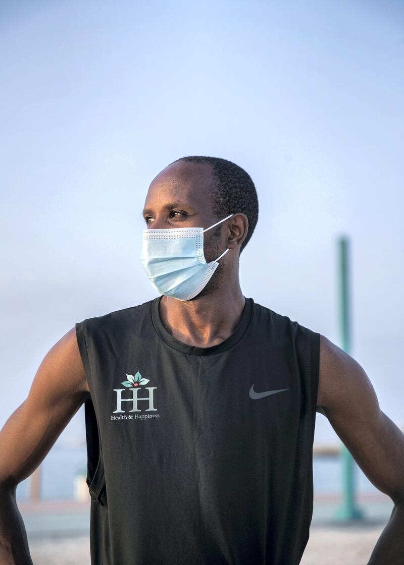 DUBAI, UNITED ARAB EMIRATES.  23 FEBRUARY 2021. 
Charles Rotich trains at Jumeirah's beach, 

Charles Rotich works as a pest-controller, grew up with the world’s top runner Eliud Kipchoge and they used to run together in the streets of Kenya as teenagers.

Photo: Reem Mohammed / The National
Reporter: Haneen Dajani
Section: NA