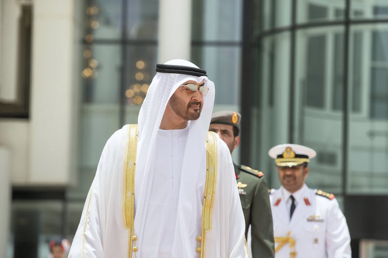 OFFICIAL APPROVED PORTRAIT. ABU DHABI, UNITED ARAB EMIRATES - May  29, 2016: HH Sheikh Mohamed bin Zayed Al Nahyan, Crown Prince of Abu Dhabi and Deputy Supreme Commander of the UAE (C) awaits the arrival of HE Mohamed Ould Abdel Aziz, President of Mauritania (not shown) at the Presidential Airport.

( Mohamed Al Hammadi / Crown Prince Court - Abu Dhabi )