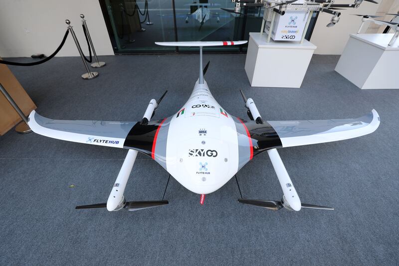 A drone developed to carry packages on display at the Smart and Autonomous Vehicle Industry cluster, a strategic Abu Dhabi initiative for the future of transportation. Chris Whiteoak / The National