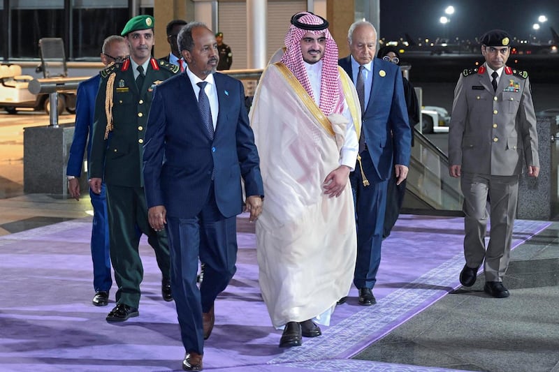 Prince Badr welcomes Somalia’s President Hassan Sheikh Mohamud in Jeddah for the summit. AFP