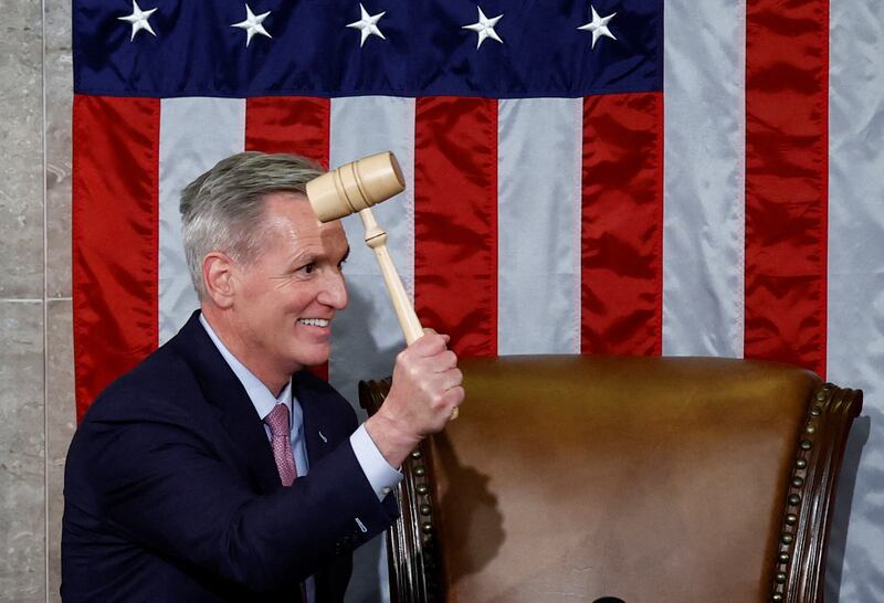 US House Republican Leader Kevin McCarthy wields the  gavel after being elected the next Speaker of the House of Representatives after a 15th round of voting. Reuters