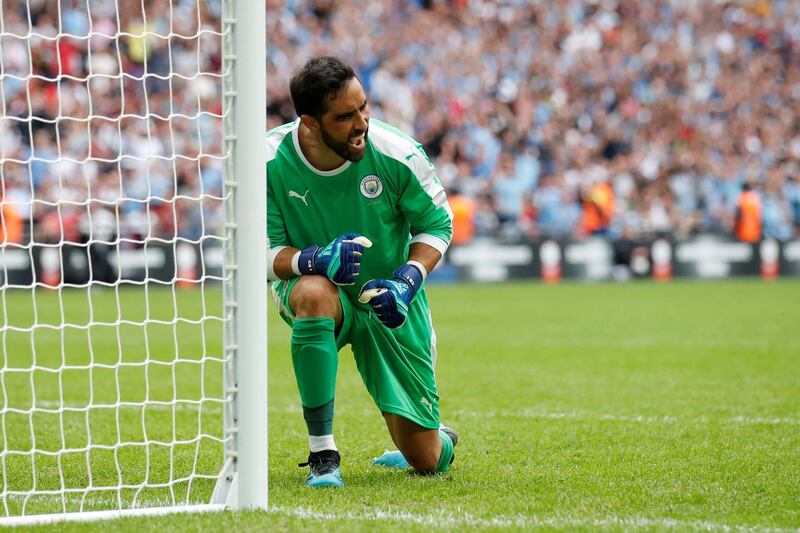 Manchester City's Claudio Bravo celebrates saving Liverpool's Georginio Wijnaldum's penalty that proved decisive to them winning the Community Shield. Reuters