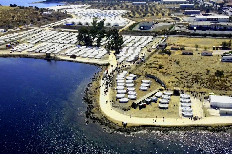 An aerial view of the new temporary camp near Kara Tepe on Lesbos island, Greece, Another 2,000 refugees and migrants were settled into the new temporary hosting facility at Kara Tepe.  EPA