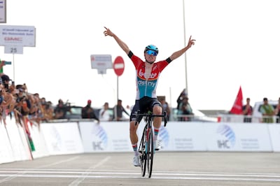 Lotto-DSTNY's Belgian cyclist Lennert Van Eetvelt reacts after winning the 7th and last stage of the 6th UAE Cycling Tour on February 25. AFP