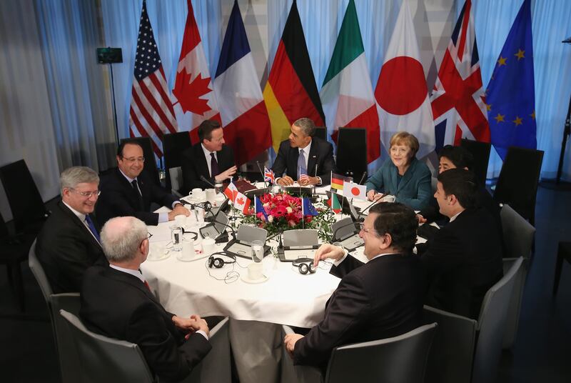 Mr Cameron attends a meeting of G7 leaders in March 2014 in The Hague, Netherlands