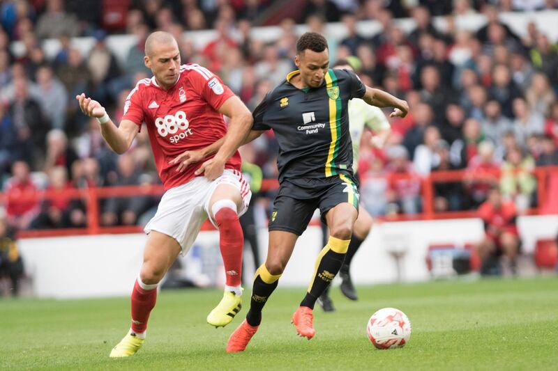 NOTTINGHAM, ENGLAND - SEPTEMBER 17: Jacob Murphy of Norwich and Pajtim Kasami of Nottingham Forest in action during the Sky Bet Championship match between Nottingham Forest and Norwich City at the City Ground on September 17, 2016 in Nottingham, England. (Photo by Nathan Stirk/Getty Images)