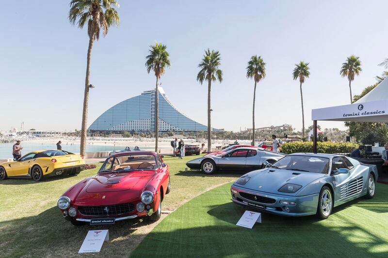 DUBAI, UNITED ARAB EMIRATES. 07 DECEMBER 2017. Cars on display at the Gulf Concours event at the Burj Al Arab. 1963 Ferrari 250GT Lusso(left) and 1996 Ferrari F512M(right). (Photo: Antonie Robertson/The National) Journalist: Adam Workman. Section: Motoring.