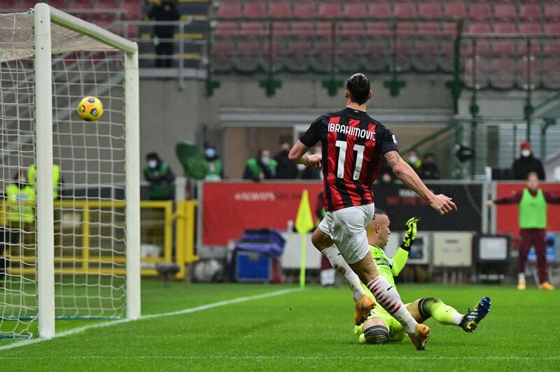 AC Milan's Zlatan Ibrahimovic opens the scoring. AFP