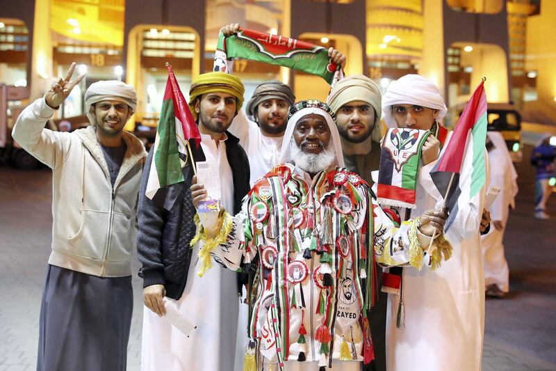 ABU DHABI , UNITED ARAB EMIRATES , January 21 – 2019 :- UAE fans before the start of AFC Asian Cup UAE 2019 football match between UNITED ARAB EMIRATES vs. KYRGYZ REPUBLIC held at Zayed Sports City in Abu Dhabi. ( Pawan Singh / The National ) For News/Sports