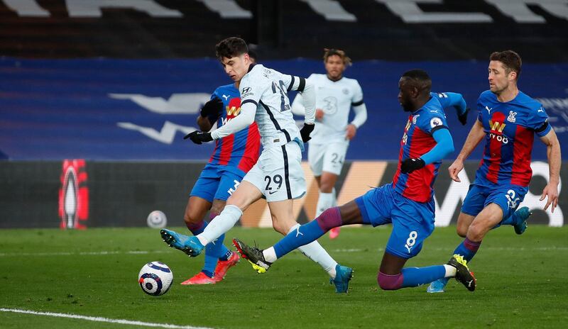 Chelsea's Kai Havertz (left) and Crystal Palace's Cheikhou Kouyate in action during the Premier League match at Selhurst Park, London. Picture date: Saturday April 10, 2021. PA Photo. See PA story SOCCER Palace. Photo credit should read: Peter Cziborra/PA Wire. 

RESTRICTIONS: EDITORIAL USE ONLY No use with unauthorised audio, video, data, fixture lists, club/league logos or "live" services. Online in-match use limited to 120 images, no video emulation. No use in betting, games or single club/league/player publications.