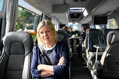 Prime Minister Magdalena Andersson on a campaign bus en route to the city of Norrtaelje. AP 