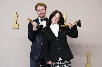 Finneas O'Connell and Billie Eilish celebrate their second Oscars win. AP