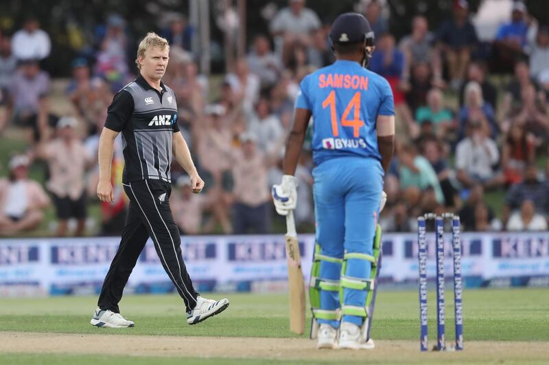 New Zealand bowler  Scott Kuggeleijn after taking the wicket of India’s Sanju Samson. AFP
