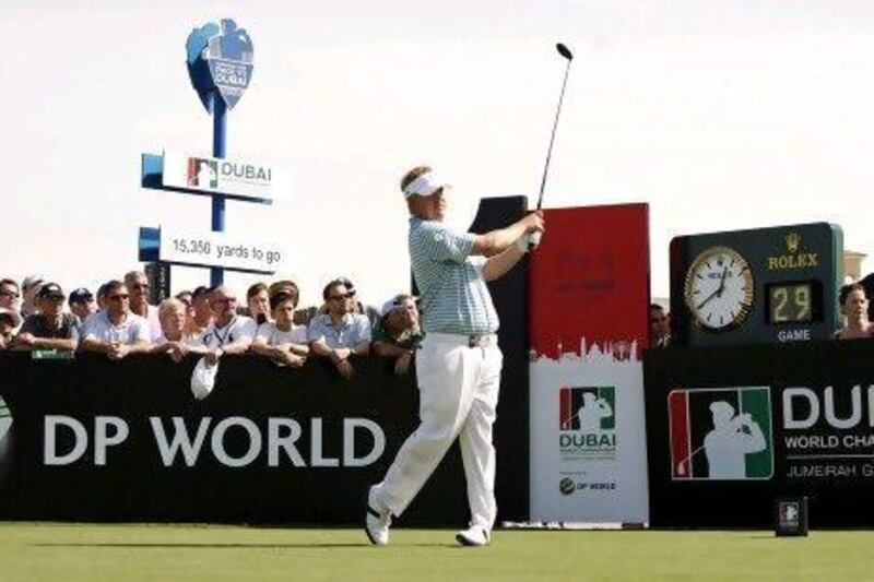 Ross McGowan hits his tee shot off the first hole tee during the third round of the Dubai World Championship which DP World is looking to sponsor again. (Photo by Jeff Topping/The National)