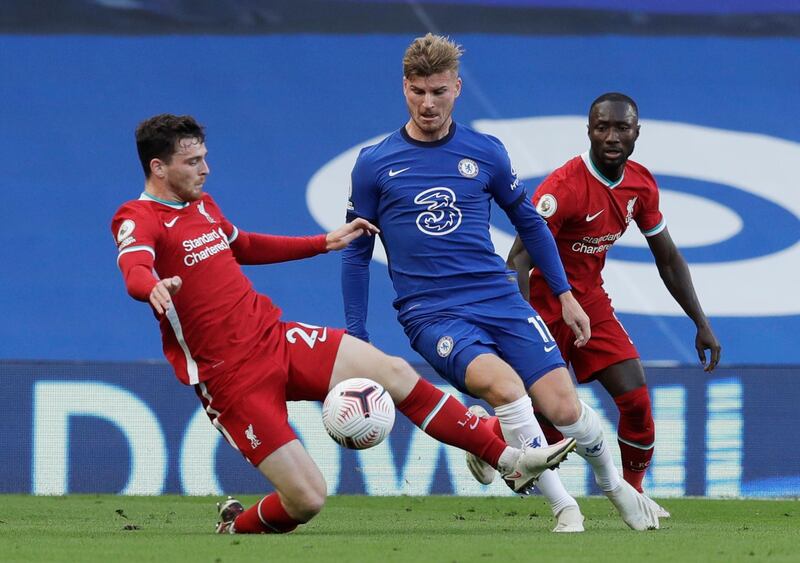 Chelsea's Timo Werner in action with Liverpool's Andrew Robertson. Reuters