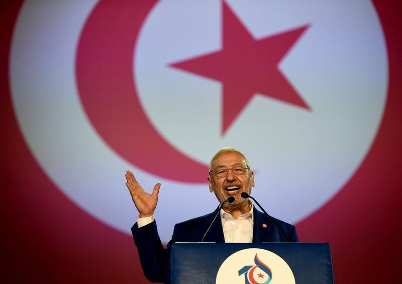 Rached Ghannouchi at an Ennahda meeting in 2021. AFP