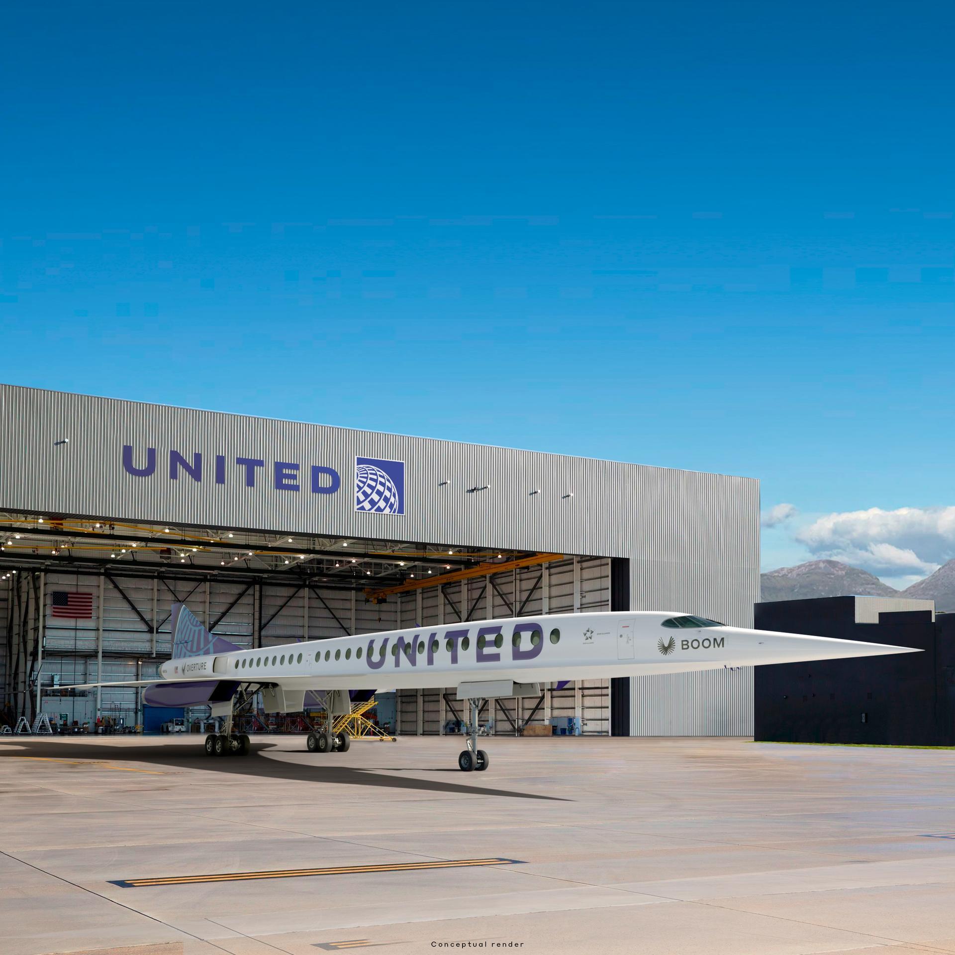 This photo provided by Boom Supersonic shows an artistâ€™s rendition of United Airlines Boom Supersonic Overture jet.  United said Thursday, June 3, 2021 that it reached a deal with startup aircraft maker Boom Supersonic to buy 15 of Boom's Overture jets. The planes haven't been built yet, but Boom says they will fly at 1.7 times the speed of sound, or around 1,300 mph.  (Boom Supersonic via AP)