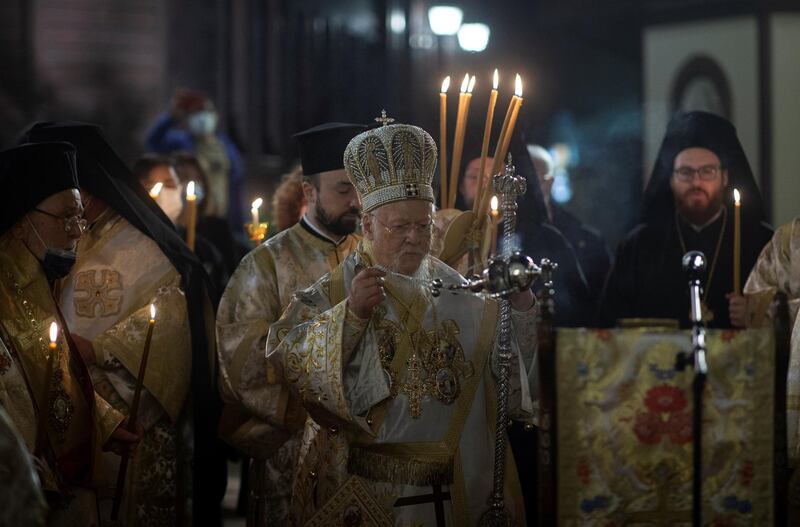 Ecumenical Patriarch Bartholomew I leads an Easter service with limited attendance as part of measures to contain the spread of Covid-19, at the Patriarchal Church of St George in Istanbul, Turkey. Reuters