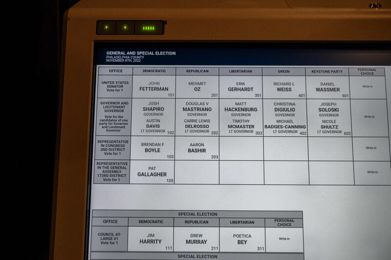 Candidates' names on the screen of a voting machine  at city hall in Philadelphia on Monday. AFP