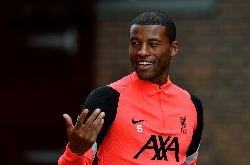 LIVERPOOL, ENGLAND - OCTOBER 20: (THE SUN OUT, THE SUN ON SUNDAY OUT) Georginio Wijnaldum of Liverpool during a training session ahead of the UEFA Champions League Group D stage match between Liverpool FC and Ajax Amsterdam at Melwood Training Ground on October 20, 2020 in Liverpool, England. (Photo by Andrew Powell/Liverpool FC via Getty Images)