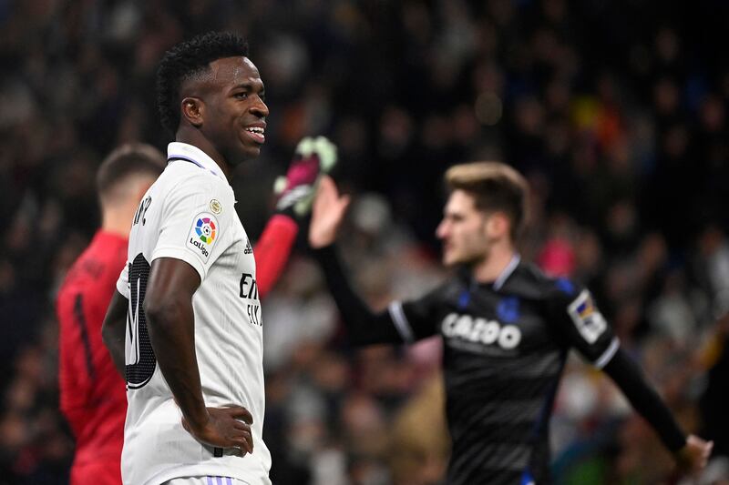 Real Madrid forward Vinicius Junior reacts to a missed chance during the match between against Real Sociedad at the Santiago Bernabeu in Madrid on January 29, 2023. AFP