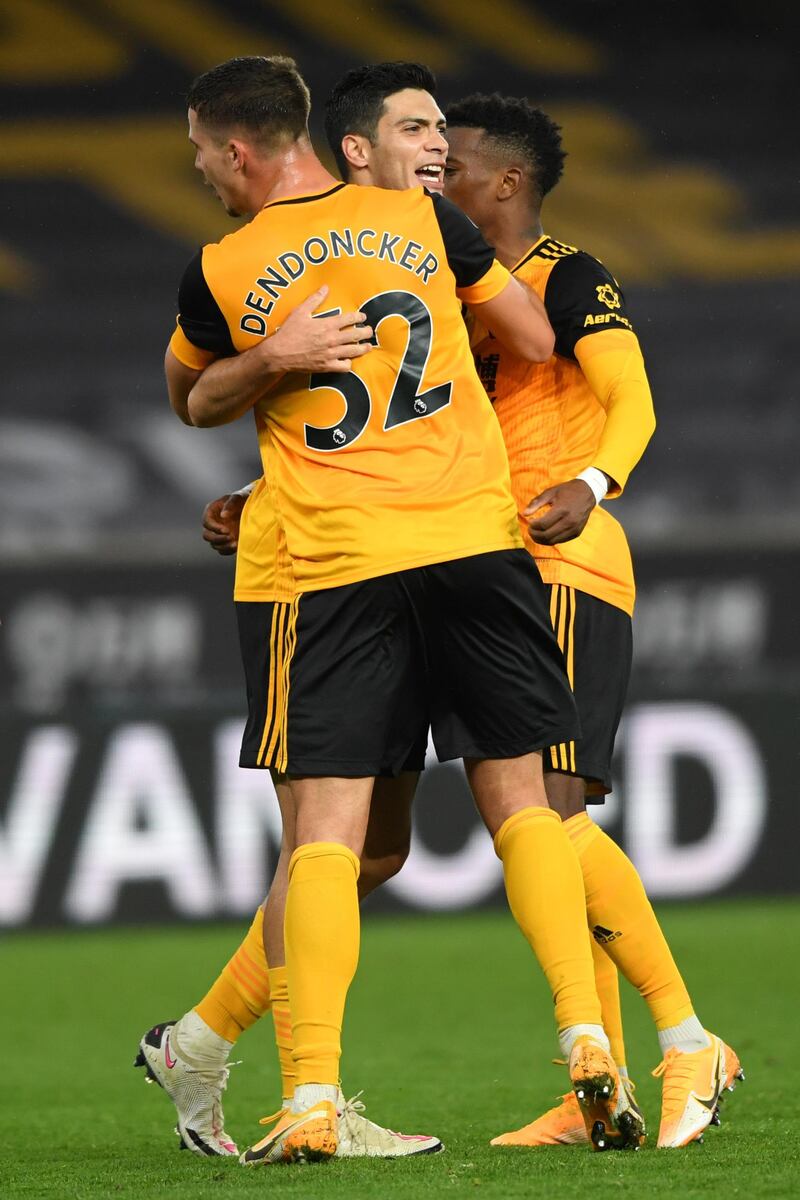 Raul Jimenez of Wolverhampton Wanderers celebrates with teammates after scoring his team's first goal against Newcastle United. Getty
