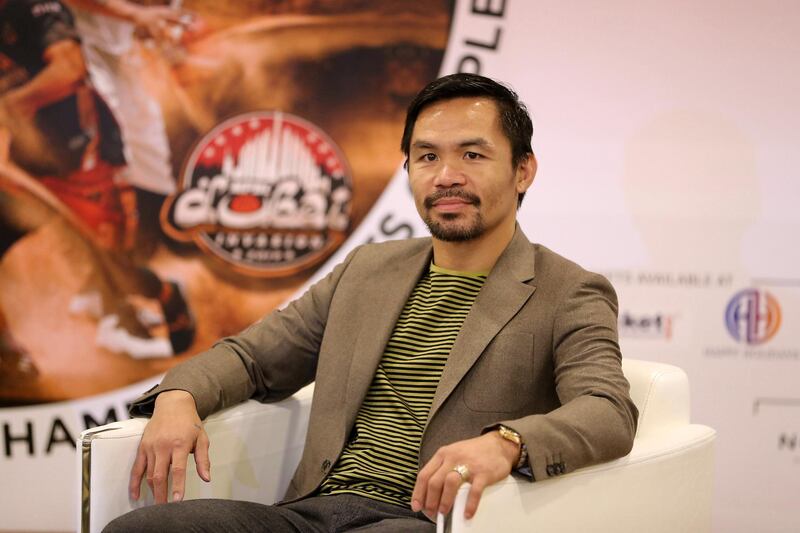 DUBAI,  UNITED ARAB EMIRATES , SEPTEMBER 26 – 2019 :- Manny Pacquiao during the Maharlika Pilipinas Basketball League press conference held at Dubai Sports Council HQ in Dubai Design District in Dubai. ( Pawan Singh / The National ) For Sports/Online/Instagram . Story by John