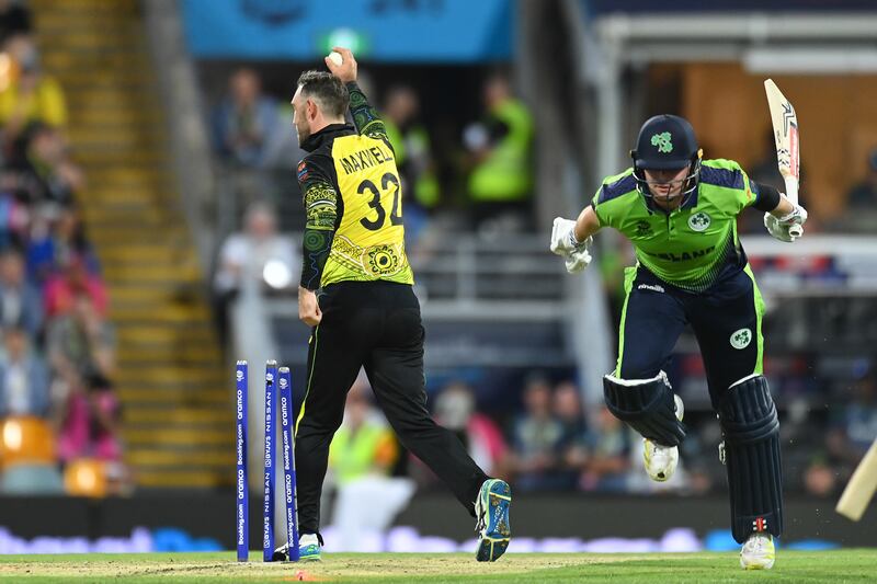 Josh Little of Ireland is run out by Glenn Maxwell of Australia. Getty 