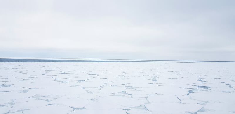 Ice in the Lazarev Sea, Antarctica, during spring 2019. A distant iceberg can be seen on the horizon.