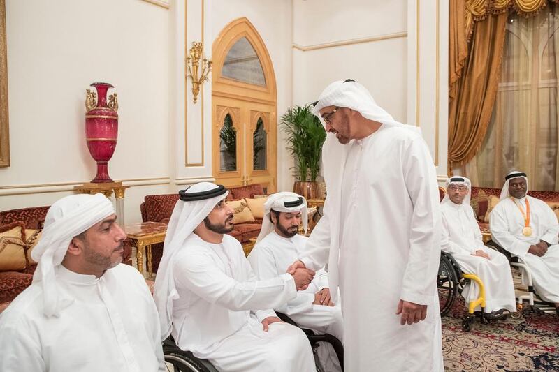 Sheikh Mohammed bin Zayed, Crown Prince of Abu Dhabi and Deputy Supreme Commander of the Armed Forces, on Monday welcomes the UAE’s team to the 2016 Rio Paralympic Games at a Sea Palace reception.