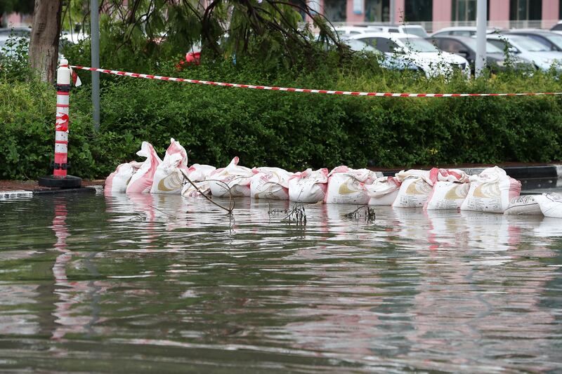 Sandbags utilised at a residential building in Dubai to safeguard the basement parking from water infiltration. Pawan Singh / The National 
