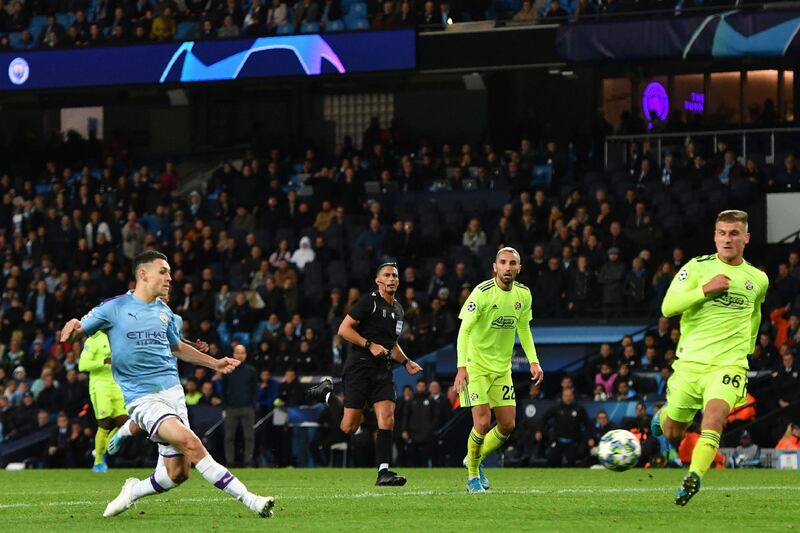 Manchester City midfielder Phil Foden scores the second goal against Dinamo Zagreb. AFP