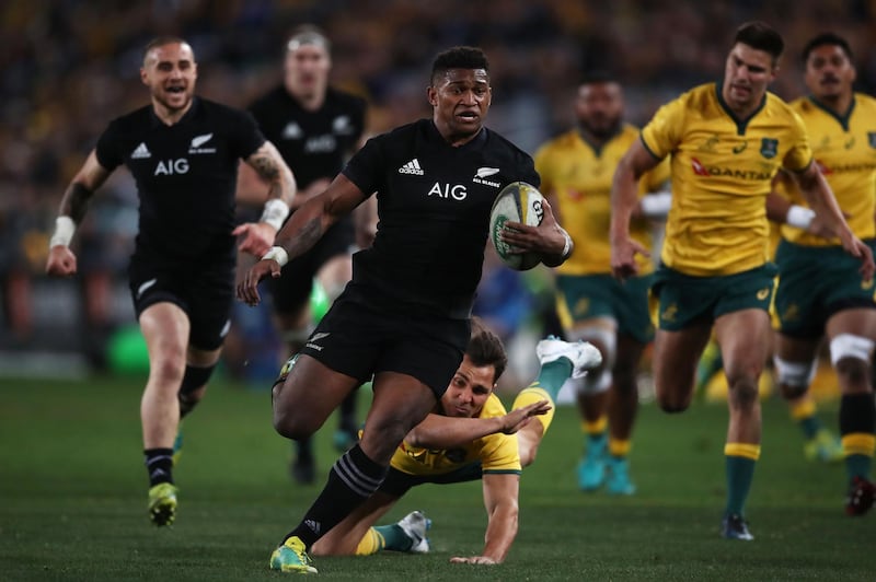 SYDNEY, AUSTRALIA - AUGUST 18:  Waisake Naholo of the All Blacks runs away to score a try during The Rugby Championship Bledisloe Cup match between the Australian Wallabies and the New Zealand All Blacks at ANZ Stadium on August 18, 2018 in Sydney, Australia.  (Photo by Matt King/Getty Images)