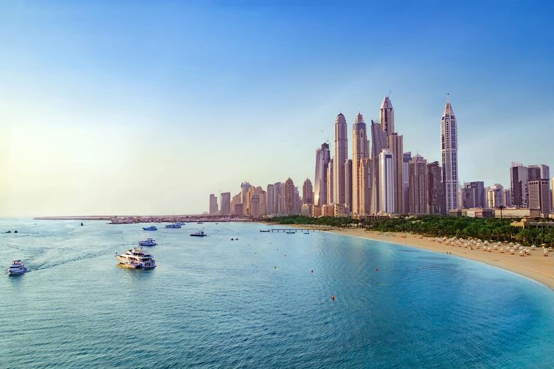 Picture of the Beach near Dubai Marina with view on the skyline.
