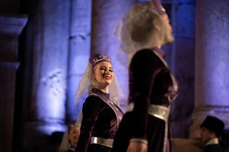 Circassian dancers from Al-Jeel Al-Jadeed Club (the New Generation Club) perform during the 2019 Jerash Festival of Culture and Arts at the Jerash archeological site, Jerash, some 46 km North of Amman, Jordan.  EPA