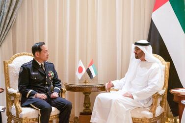 Sheikh Mohamed bin Zayed, Crown Prince of Abu Dhabi and Deouty Supreme Commander of the Armed Forces, meets Gen Koji Yamazaki, chief of staff of Japan Self-Defence Forces, in the capital on Monday. Courtesy Sheikh Mohamed bin Zayed Twitter
