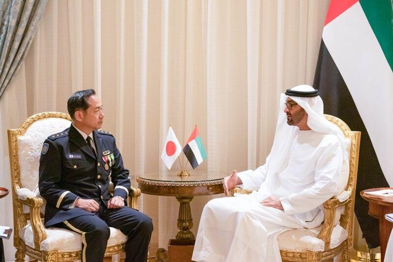Sheikh Mohamed bin Zayed, Crown Prince of Abu Dhabi and Deouty Supreme Commander of the Armed Forces, meets Gen Koji Yamazaki, chief of staff of Japan Self-Defence Forces, in the capital on Monday. Courtesy Sheikh Mohamed bin Zayed Twitter