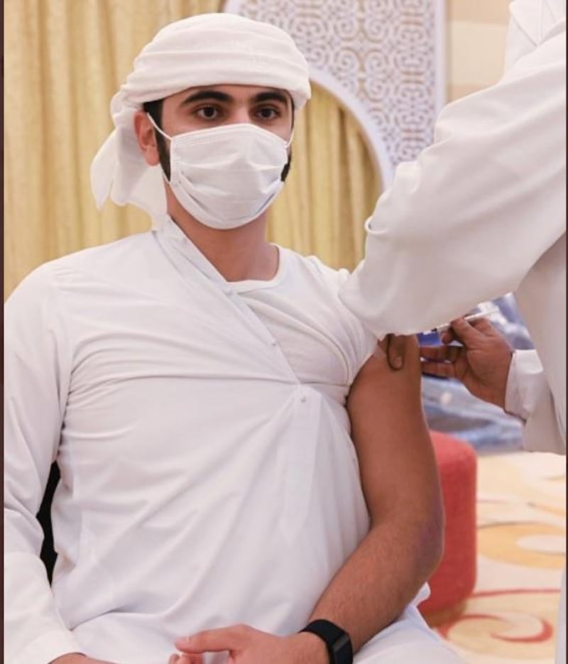 Sheikh Mansoor bin Mohammed, chairman of Dubai’s Supreme Committee of Crisis and Disaster Management, receives the Pfizer-BioNTech vaccine. Courtesy: Sheikh Mansoor