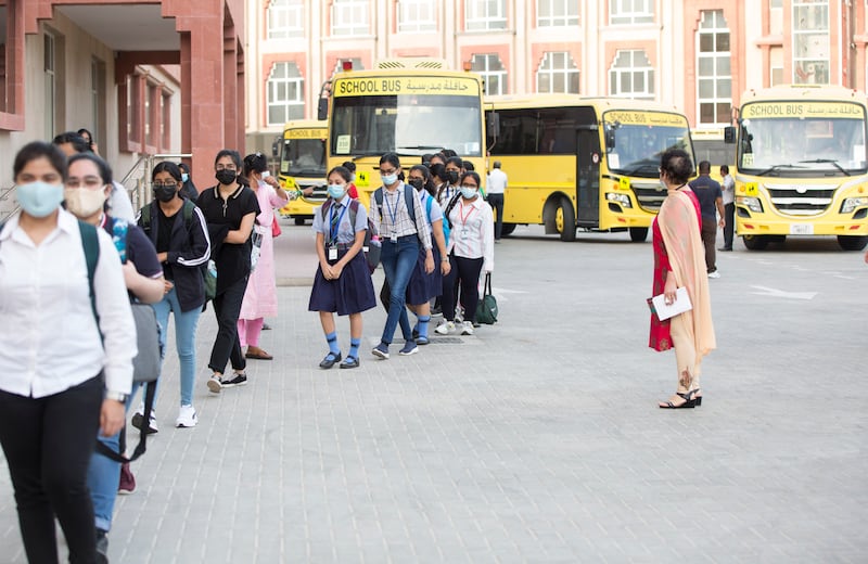 Pupils queuing to enter their classrooms on the first day of in-person learning at the Indian High School in Oud Metha, Dubai.