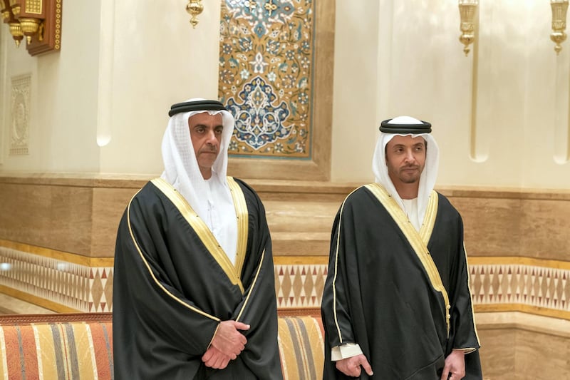 MUSCAT, OMAN - January 12, 2020: HH Lt General Sheikh Saif bin Zayed Al Nahyan, UAE Deputy Prime Minister and Minister of Interior (L) and HH Sheikh Hazza bin Zayed Al Nahyan, Vice Chairman of the Abu Dhabi Executive Council (R), attend the condolences of the late HM Qaboos bin Saeed, Sultan of Oman, at Al Alam Palace.



( Mohamed Al Hammadi / Ministry of Presidential Affairs )
---​