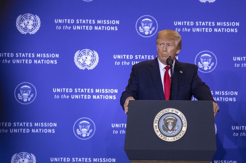 U.S. President Donald Trump speaks during a news conference in New York, U.S., on Wednesday, Sept. 25, 2019. Trump again defended his July 25 phone call with Ukrainian President Volodymyr Zelenskiy, now a central focus of a House impeachment inquiry. Photographer: Victor J. Blue/Bloomberg