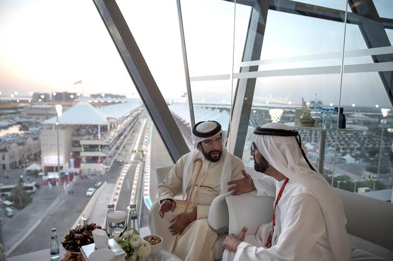 Sheikh Mohammed bin Rashid, Vice-President and Ruler of Dubai, and Sheikh Tahnoon bin Mohammed Al Nahyan, Ruler’s Representative of the Eastern Region of Abu Dhabi, at Shams Tower. Mohamed Al Hammadi / Crown Prince Court - Abu Dhabi